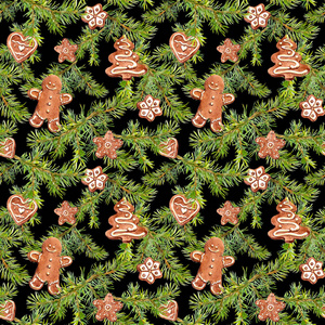 姜饼人, 饼干, 松枝。重复圣诞节设计的背景。水彩