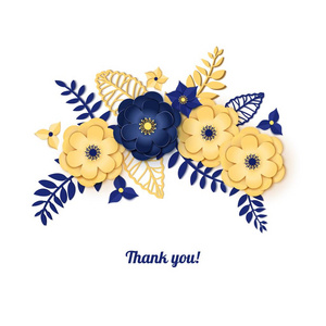 剪纸设计与花组成。美丽的背景与幻想花卉装饰和蓝色和黄色的叶子。框架元素谢谢你, 结婚卡。向量例证