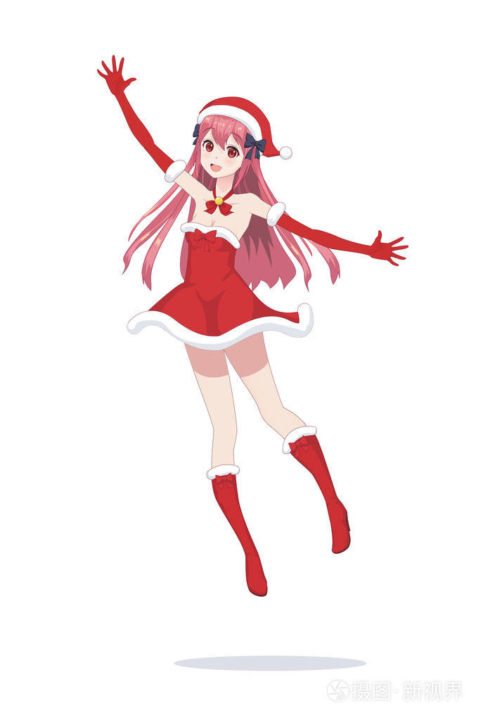 欢乐动漫漫画女孩作为圣诞老人在跳跃