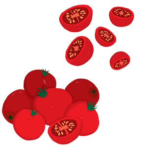 彩绘向量一套樱桃西红柿, 生和切片。在白色背景上隔离的可编辑可扩展的插图。将其用于食谱餐厅菜单和食物元素