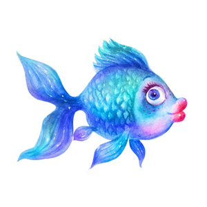 卡通水彩五颜六色的蓝色鱼插图孤立在白色背景上.多彩手绘复古插画.