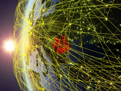 罗马尼亚从太空模型上的地球在日落期间与国际网络。数字通信或旅行的概念。3d 插图。美国宇航局提供的这张图片的元素