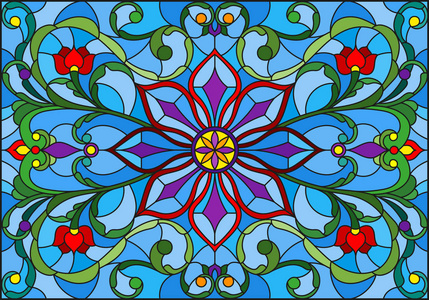 彩色玻璃样式的例证与抽象的花, 叶子和卷曲在蓝色背景, 水平方向