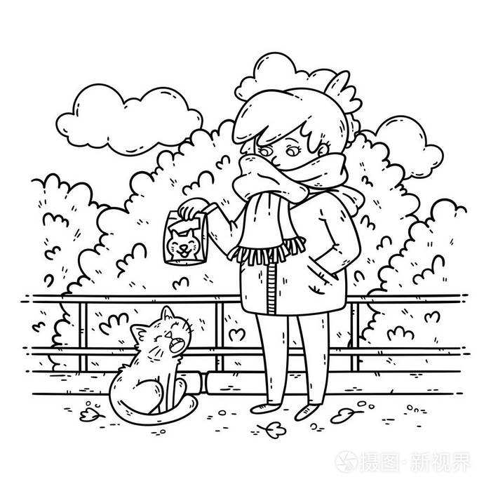 插画 一位年轻女子正计划喂一只流浪猫.着色插图的孩子.