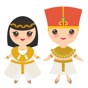 古埃及男孩和女孩在民族服装和帽子.卡通的孩子在传统服装.