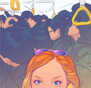 旅游女孩拍摄自拍照片在拥挤的公共交通的例证照片