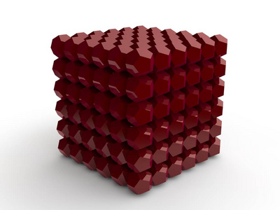 立方体组装从许多红色二十面体。新管玩具, 抽象在白色背景, 查出。许多柏拉图固体在一个严格的顺序。3d 渲染