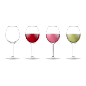 现实详细的3d 不同类型的葡萄酒玻璃套装。向量