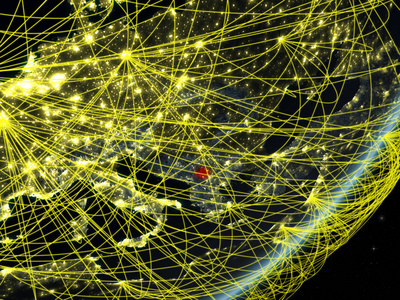 科索沃在地球模型与网络在晚上。新技术通信和旅行的概念。3d 插图。美国宇航局提供的这张图片的元素