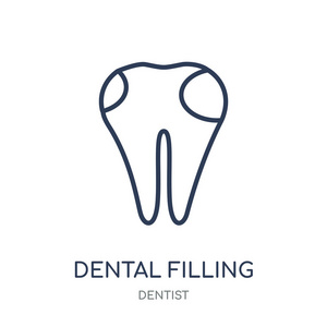 牙科填充图标。牙科填充线性符号设计从牙医收集。简单的大纲元素向量例证在白色背景