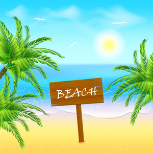 热带海滩上的木牌。异国风情的沙滩和棕榈树。矢量图