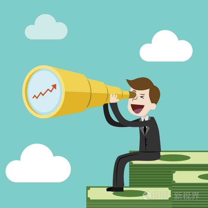 商人或经理正坐在一大堆的钱.寻找利润