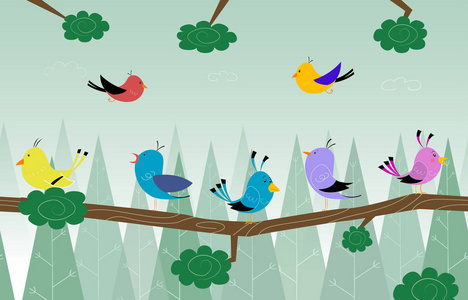 卡通可爱的小鸟坐在森林里的树枝上