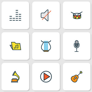 音乐彩色轮廓设置。静音 桶 混频器和其他元素的集合。此外包括符号如，麦克风，搅拌机
