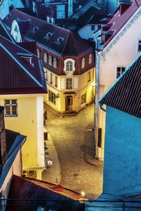 旧城的夜街的视图。在爱沙尼亚的主要历史景点。夏季