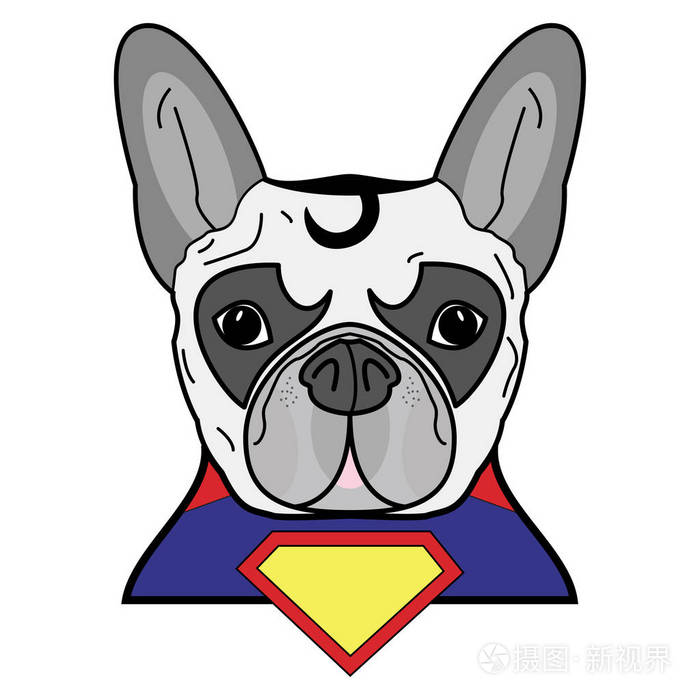 超级英雄符号作为法国斗牛犬的性格,红色,黄色,蓝色与