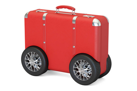 与汽车轮子的红色手提箱。旅行和旅游的概念，3d 仁