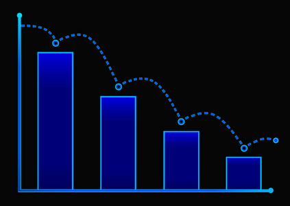 降低蓝色箭头的条形图。等距条形图具有两个轴和列，在黑色背景上显示快速下降。Eps 10 矢量图