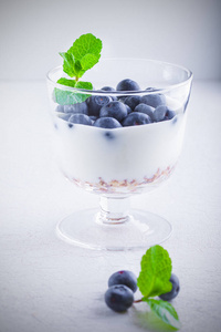 牛奶什锦早餐与新鲜的蓝莓酸奶