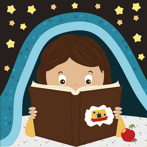 孩子阅读的书。在 blunket 下晚上看书的孩子。卡通人物男孩或女孩。Bookworming