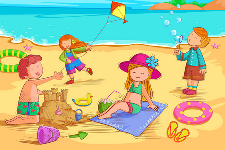 上的沙子城堡卡通猫蝴蝶简笔画小男孩进城堡玩具在家玩几何学童话王国