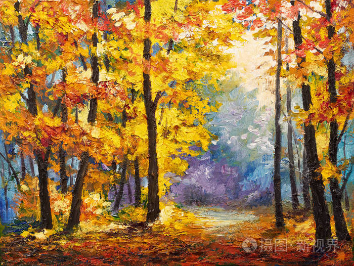 油画风景-秋天的树林,河边,橙叶