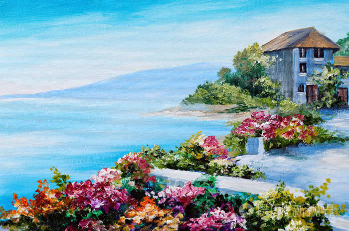 房子靠近海,海海岸,五颜六色的鲜花,夏天海景油画