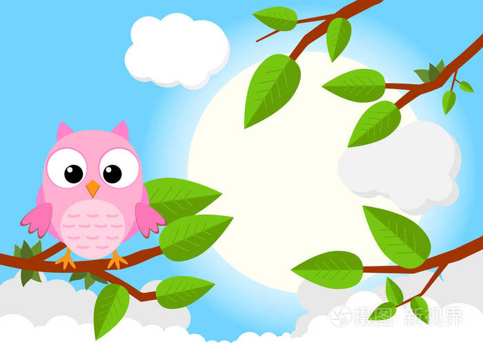 与可爱的猫头鹰的彩叶树种.卡通鸟在阳光明媚的森林.平面矢量图