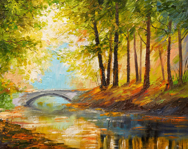 油画风景秋天的树林，河边，橙叶