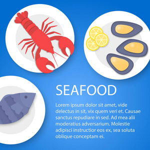 煮熟的鱼 龙虾 贻贝在板上。在蓝色的背景 文本上海鲜