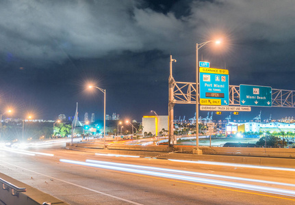在迈阿密，佛罗里达州的夜晚道路标志。