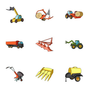 一套关于农业机械的照片。汽车到机器人到地面。卡通风格矢量符号股票图上的设置集合中的农业机械图标。