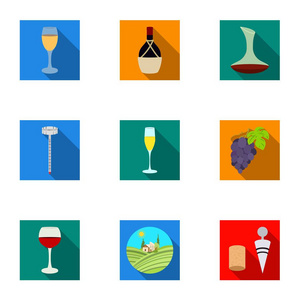 酒类产品。种植葡萄，葡萄酒。对平面样式矢量符号股票插画集集合葡萄生产图标