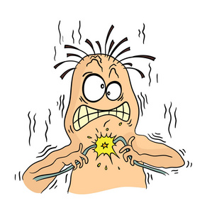 电工卡通人物卡通人物拿着电线.短路 触电.矢量图,白上孤立照片