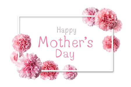 母亲节快乐一天消息具有粉红色康乃馨花白色背景上的白色框架中
