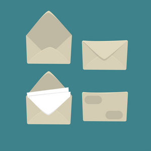 卡通孤立在白色背景上的白色信封。设置用于说明关于员额和邮件在简单和平面样式