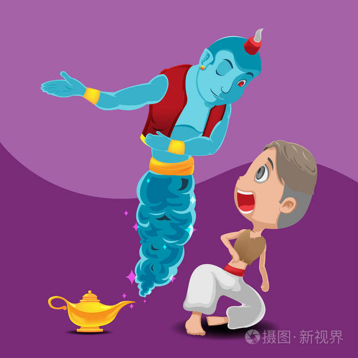 像矢量图的卡通快乐小矮人从神灯精灵出现魔术球的向导从神灯精灵字符