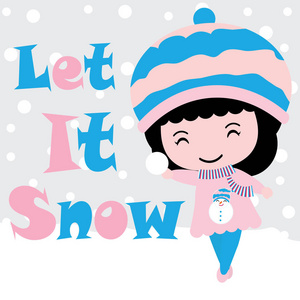 可爱的小女孩玩雪矢量卡通 圣诞明信片，壁纸和贺卡