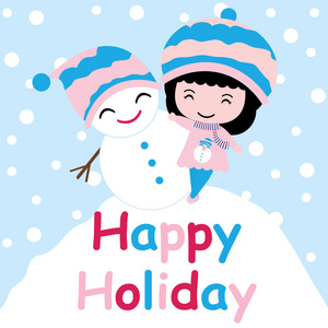 可爱的小女孩和小山上雪雪人矢量卡通 圣诞明信片 壁纸和贺卡