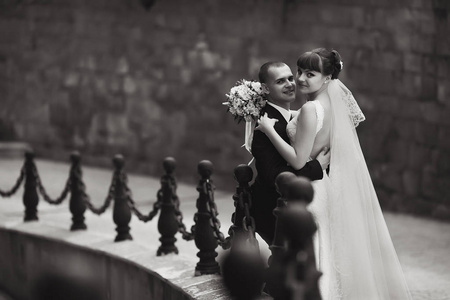 黑白照片的令人惊叹的婚礼几上摆姿势