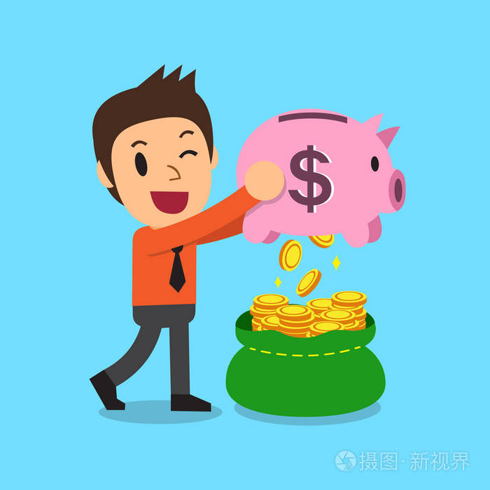卡通商人赚钱从储钱罐