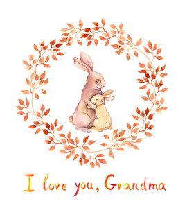 奶奶兔抱着她的大孩子。祖父母节贺卡。水彩