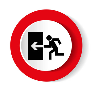 紧急出口.在一个红色的圆圈中的白色背景上的黑色图标照片