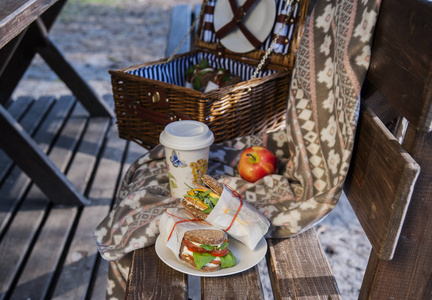 在与三明治 汁和苹果自然野餐