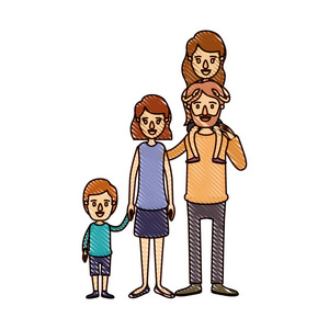 彩色蜡笔条纹卡通大家庭的父母和他的背部和儿子采取手的女孩