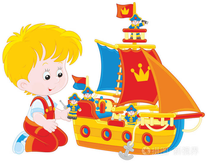 男孩玩玩具船
