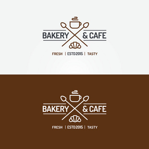 面包店和咖啡馆标志设置与羊角面包，喝杯茶，勺子