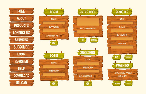 矢量卡通插图木质标志，gui 设计元素集