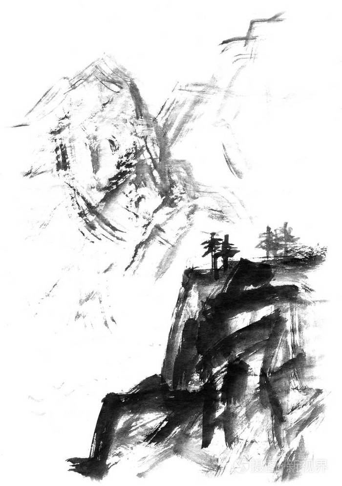 景观与山和树,手用墨水绘制.日本传统水墨绘画晕染-e