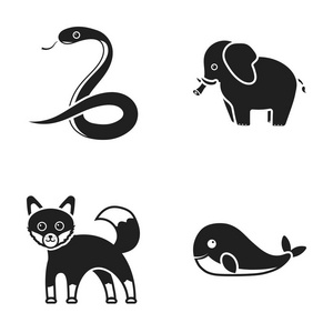 鲸鱼 大象 蛇 狐狸。动物中的黑色风格矢量符号股票图 web 设置集合图标